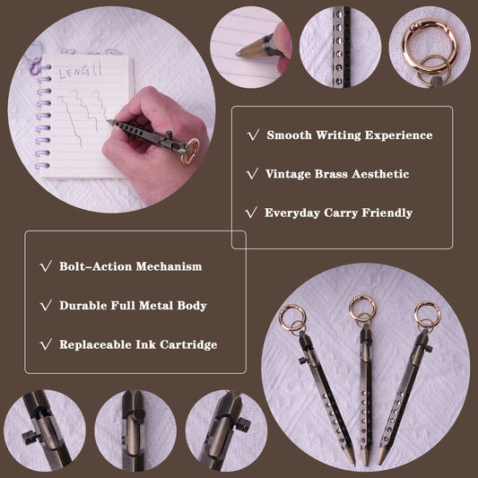 HZCrisp Bolt Action Tactical Pen with Keychain, Retro Brass EDC Writing Pen with 5 Refill Cartridges and Gift Pouch, Metal Body, Retractable Design for Everyday Carry and Outdoor Use