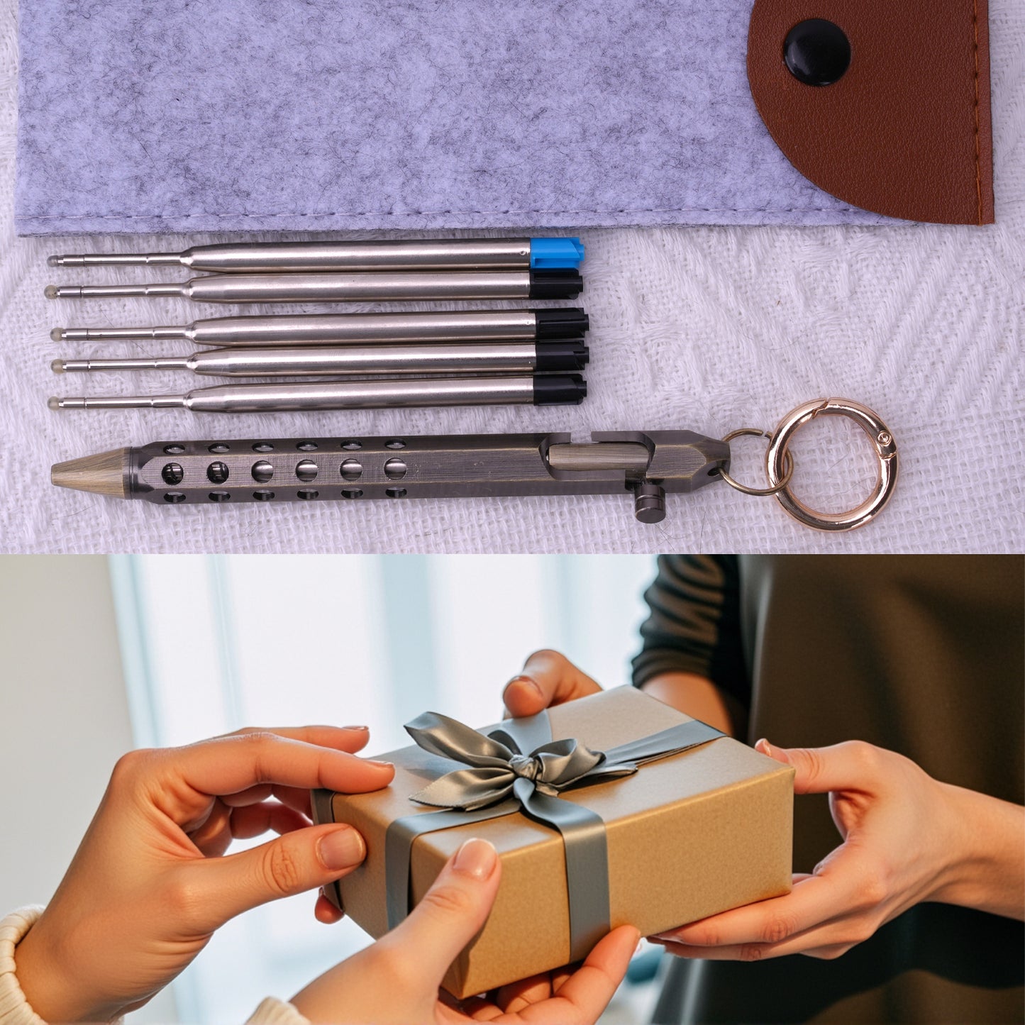 HZCrisp Bolt Action Tactical Pen with Keychain, Retro Brass EDC Writing Pen with 5 Refill Cartridges and Gift Pouch, Metal Body, Retractable Design for Everyday Carry and Outdoor Use