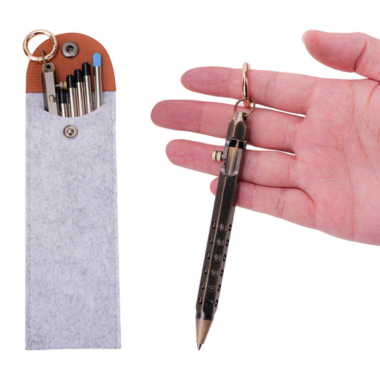HZCrisp Bolt Action Tactical Pen with Keychain, Retro Brass EDC Writing Pen with 5 Refill Cartridges and Gift Pouch, Metal Body, Retractable Design for Everyday Carry and Outdoor Use